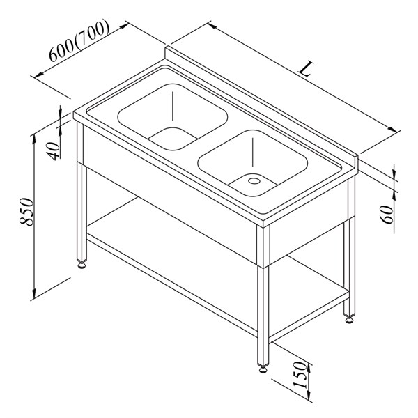 Öztiryakiler Evyeli Tezgah 2G 3 Perdeli  Taban Raflı 140*70