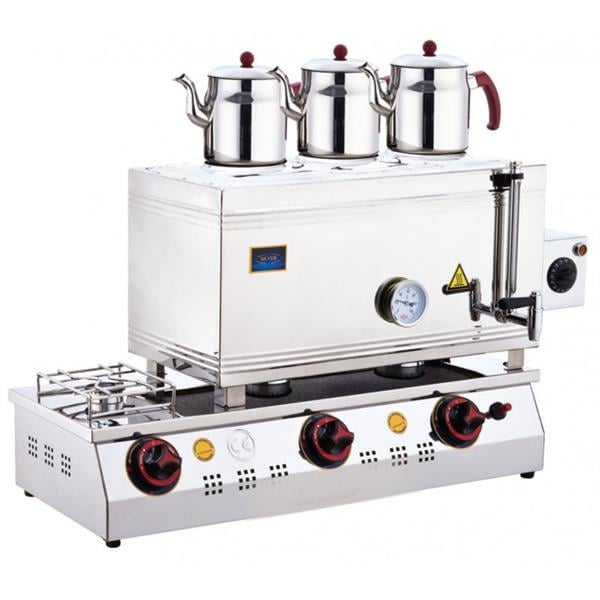 SilverInox 2101-D 60 Model 3 Demlikli Çift Taban Kaynaklı Doğalgaz ve Elektrikli Çay Ocağı
